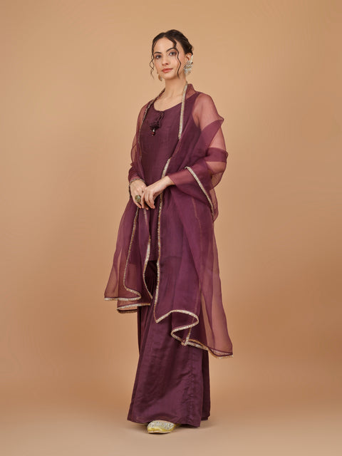 Chanderi Embroidered Short Kurta with Gharara Pants & Organza Silk Dupatta (Set of 3)