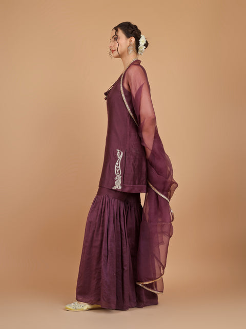 Chanderi Embroidered Short Kurta with Gharara Pants & Organza Silk Dupatta (Set of 3)