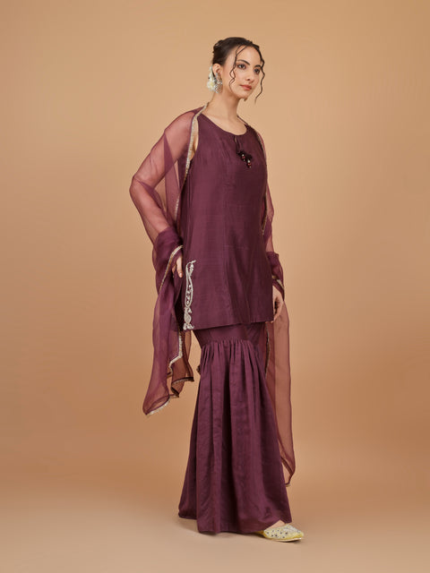 Chanderi Embroidered Short Kurta with Gharara Pants & Organza Silk Dupatta (Set of 3)