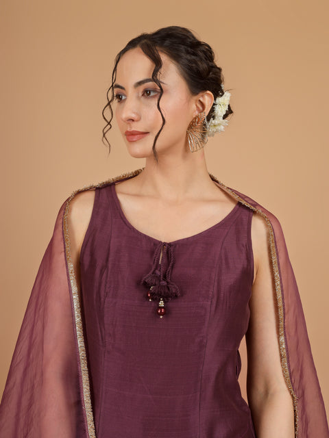 Chanderi Embroidered Short Kurta with Gharara Pants & Organza Silk Dupatta (Set of 3)