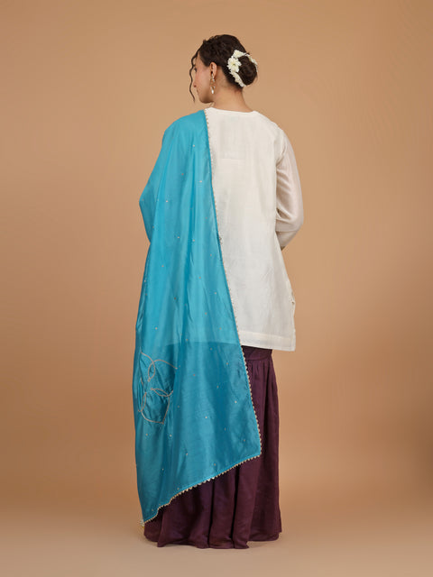 Ivory Embroidered Chanderi Kurta with Plum Gharara Pants & Aqua Blue Dupatta (Set of 3)