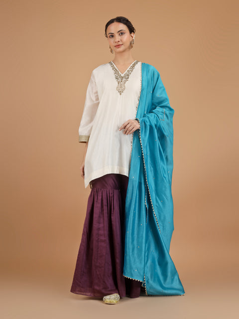 Ivory Embroidered Chanderi Kurta with Plum Gharara Pants & Aqua Blue Dupatta (Set of 3)