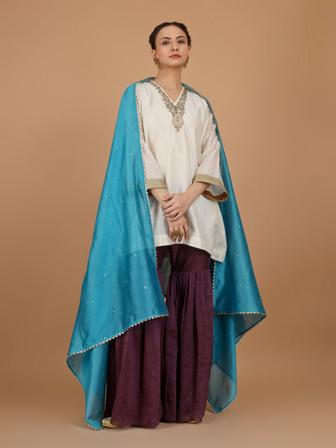 Ivory Embroidered Chanderi Kurta with Plum Gharara Pants & Aqua Blue Dupatta (Set of 3)