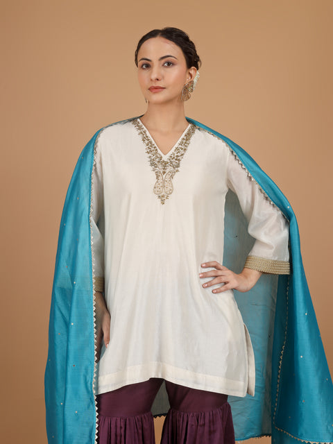 Ivory Embroidered Chanderi Kurta with Plum Gharara Pants & Aqua Blue Dupatta (Set of 3)