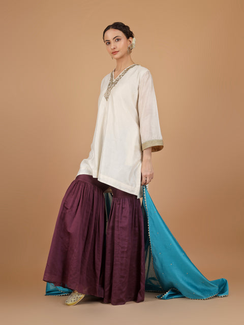 Ivory Embroidered Chanderi Kurta with Plum Gharara Pants & Aqua Blue Dupatta (Set of 3)