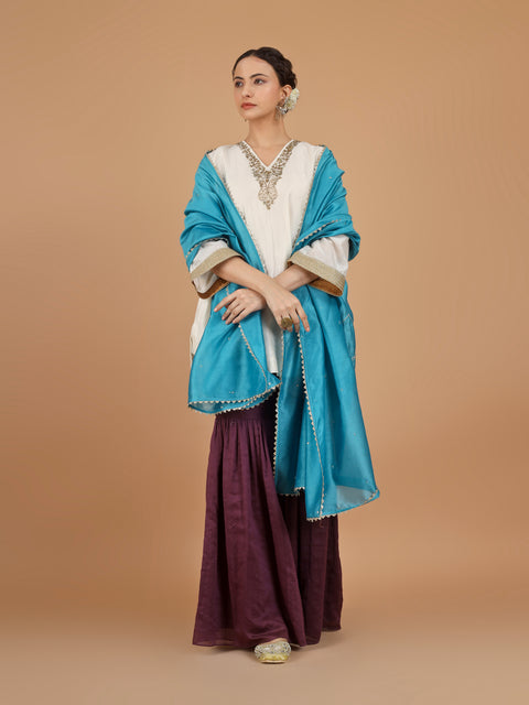 Ivory Embroidered Chanderi Kurta with Plum Gharara Pants & Aqua Blue Dupatta (Set of 3)