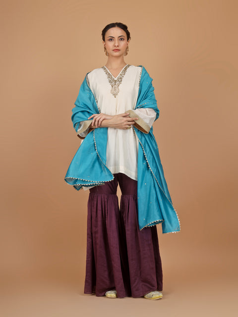Ivory Embroidered Chanderi Kurta with Plum Gharara Pants & Aqua Blue Dupatta (Set of 3)