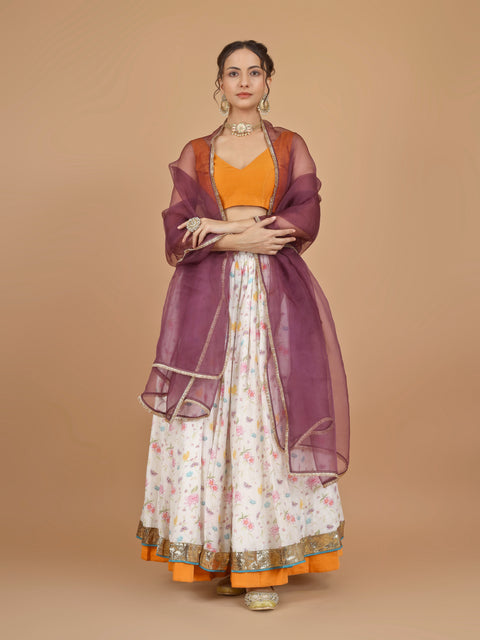 Printed Chanderi Skirt with Orange Sleeveless Blouse & Organza Silk Dupatta (Set of 3)