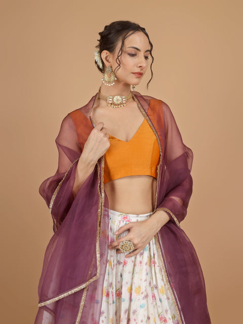 Printed Chanderi Skirt with Orange Sleeveless Blouse & Organza Silk Dupatta (Set of 3)