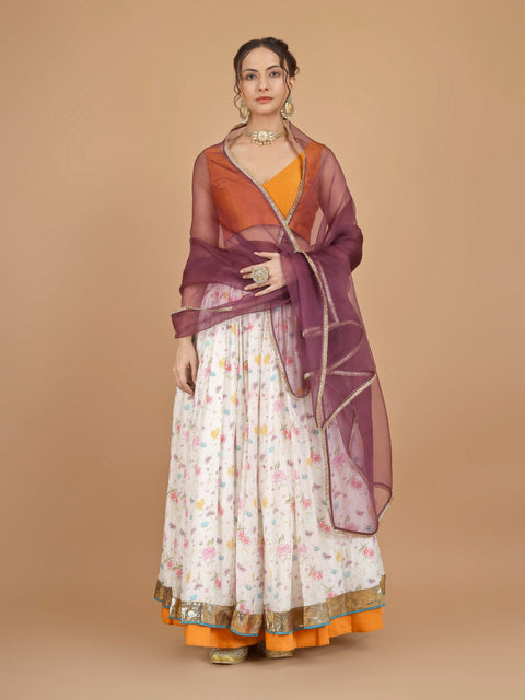 Printed Chanderi Skirt with Orange Sleeveless Blouse & Organza Silk Dupatta (Set of 3)