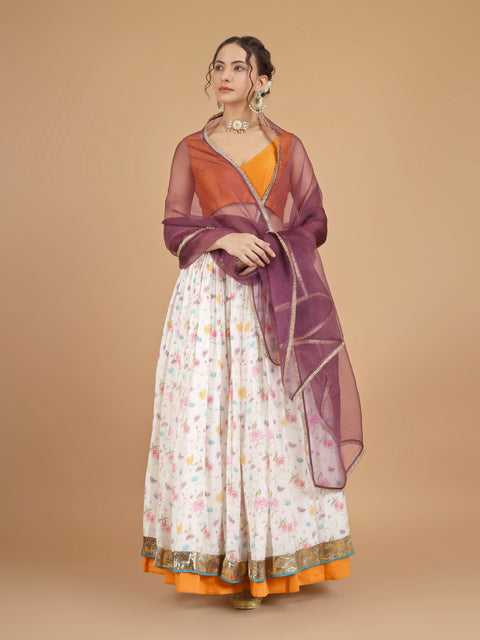 Printed Chanderi Skirt with Orange Sleeveless Blouse & Organza Silk Dupatta (Set of 3)