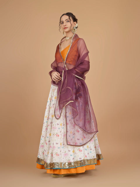 Printed Chanderi Skirt with Orange Sleeveless Blouse & Organza Silk Dupatta (Set of 3)