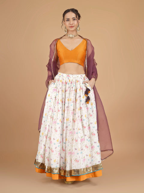 Printed Chanderi Skirt with Orange Sleeveless Blouse & Organza Silk Dupatta (Set of 3)