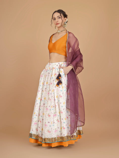 Printed Chanderi Skirt with Orange Sleeveless Blouse & Organza Silk Dupatta (Set of 3)