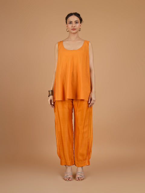 Orange Asymmetric Tunic with Bunched Pants Co-Ord (Set of 3)