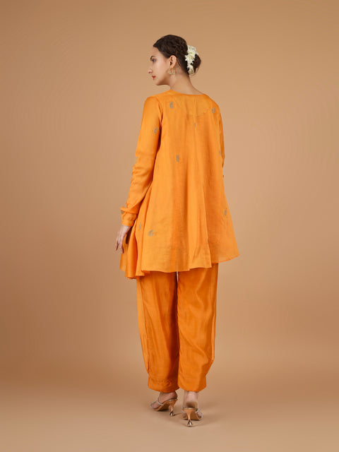 Orange Asymmetric Tunic with Bunched Pants Co-Ord (Set of 3)