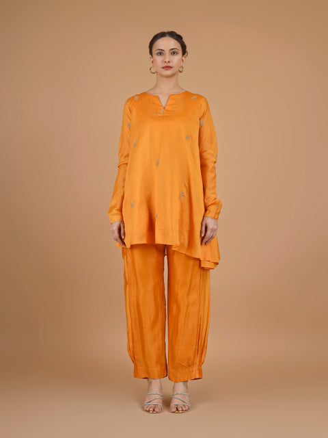Orange Asymmetric Tunic with Bunched Pants Co-Ord (Set of 3)