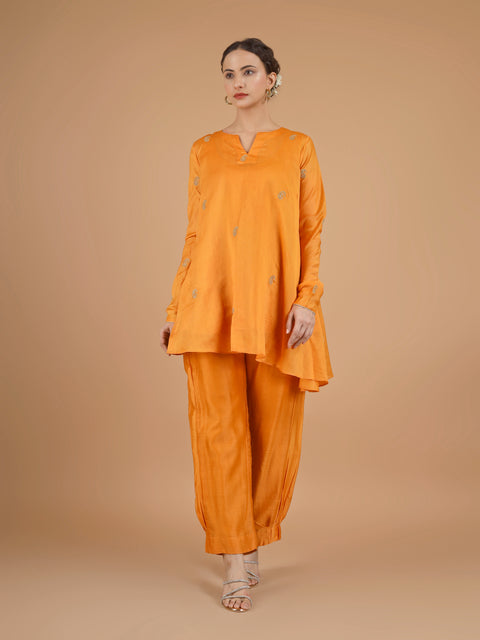 Orange Asymmetric Tunic with Bunched Pants Co-Ord (Set of 3)
