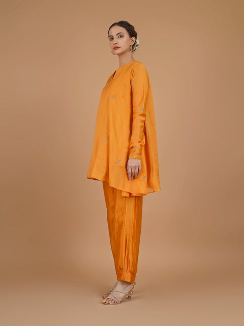 Orange Asymmetric Tunic with Bunched Pants Co-Ord (Set of 3)