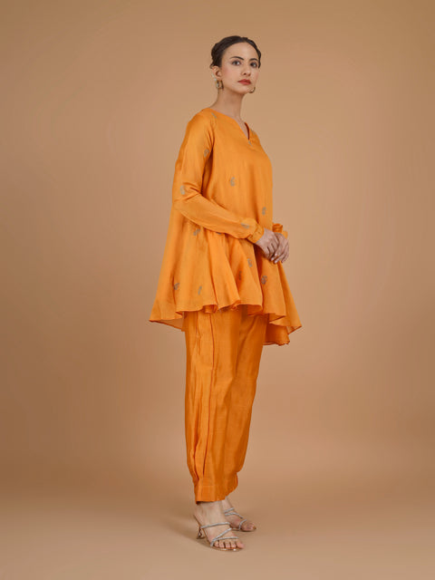Orange Asymmetric Tunic with Bunched Pants Co-Ord (Set of 3)