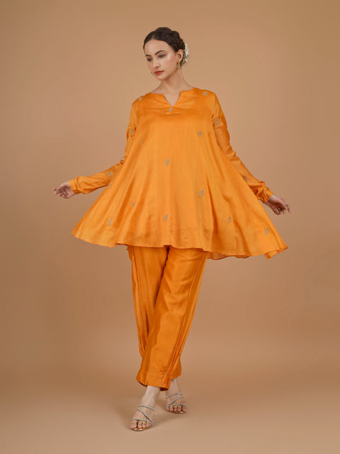 Orange Asymmetric Tunic with Bunched Pants Co-Ord (Set of 3)