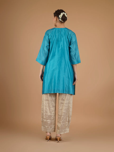 Aqua Blue Chanderi Kurta with Zari-Striped Pants & Gold Tissue Dupatta (Set of 3)