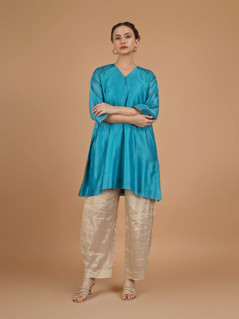 Aqua Blue Chanderi Kurta with Zari-Striped Pants & Gold Tissue Dupatta (Set of 3)