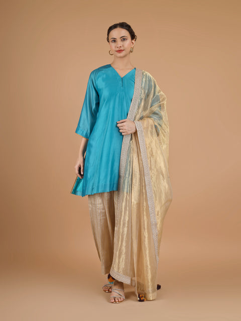 Aqua Blue Chanderi Kurta with Zari-Striped Pants & Gold Tissue Dupatta (Set of 3)
