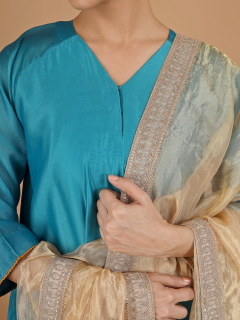 Aqua Blue Chanderi Kurta with Zari-Striped Pants & Gold Tissue Dupatta (Set of 3)