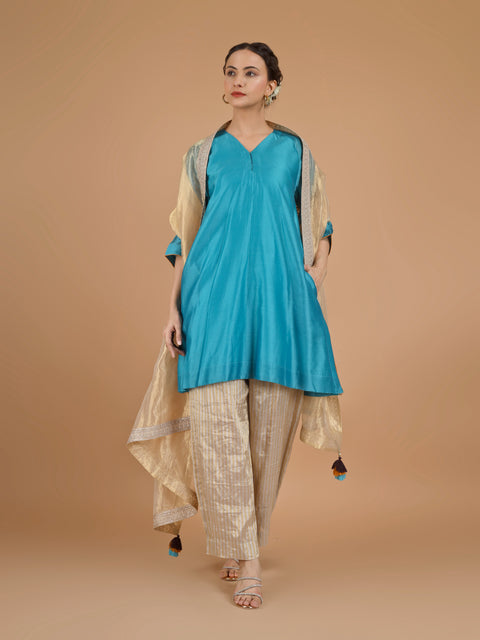 Aqua Blue Chanderi Kurta with Zari-Striped Pants & Gold Tissue Dupatta (Set of 3)