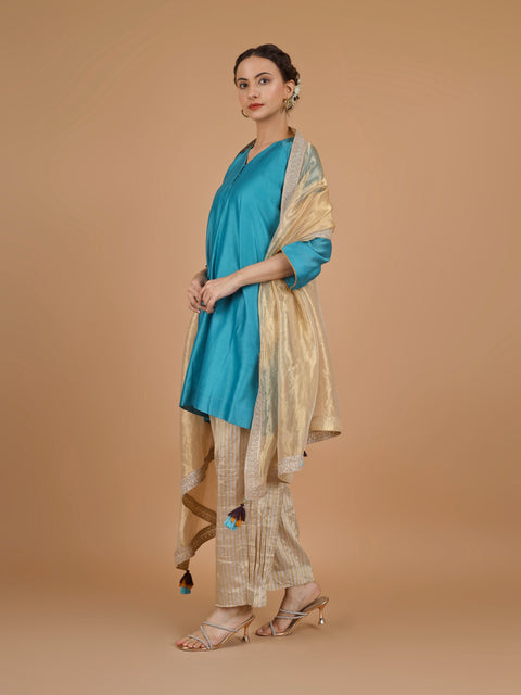 Aqua Blue Chanderi Kurta with Zari-Striped Pants & Gold Tissue Dupatta (Set of 3)