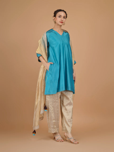 Aqua Blue Chanderi Kurta with Zari-Striped Pants & Gold Tissue Dupatta (Set of 3)