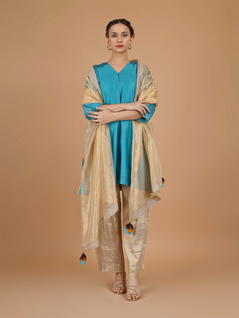 Aqua Blue Chanderi Kurta with Zari-Striped Pants & Gold Tissue Dupatta (Set of 3)