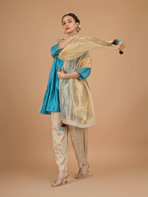 Aqua Blue Chanderi Kurta with Zari-Striped Pants & Gold Tissue Dupatta (Set of 3)