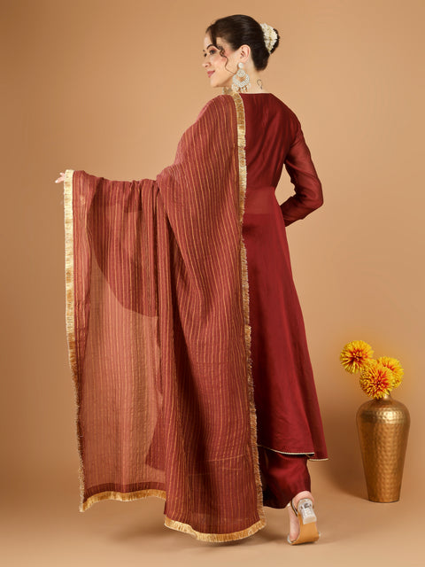 Maroon Chanderi Wrap Anarkali Set with Zari Striped Dupatta (set of 30