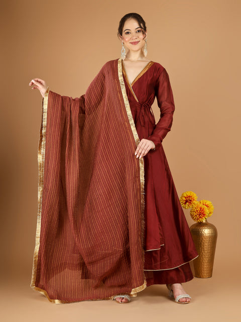 Maroon Chanderi Wrap Anarkali Set with Zari Striped Dupatta (set of 30