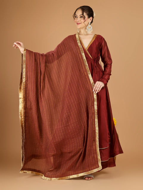 Maroon Chanderi Wrap Anarkali Set with Zari Striped Dupatta (set of 30