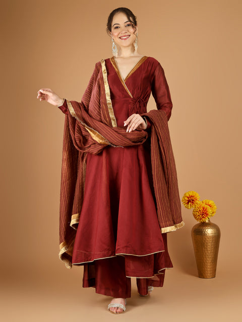 Maroon Chanderi Wrap Anarkali Set with Zari Striped Dupatta (set of 30