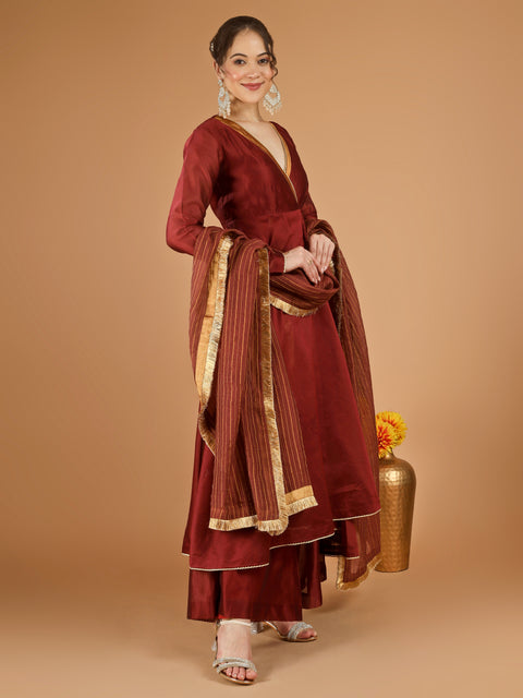 Maroon Chanderi Wrap Anarkali Set with Zari Striped Dupatta (set of 30