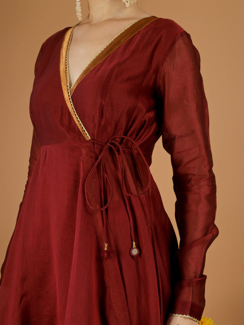Maroon Chanderi Wrap Anarkali Set with Zari Striped Dupatta (set of 30