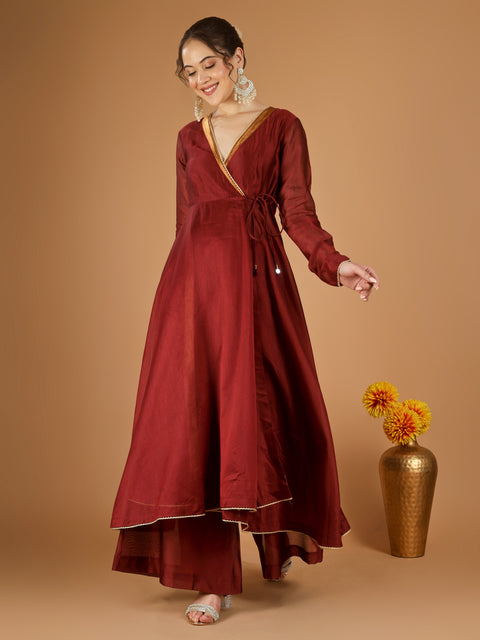 Maroon Chanderi Wrap Anarkali Set with Zari Striped Dupatta (set of 30