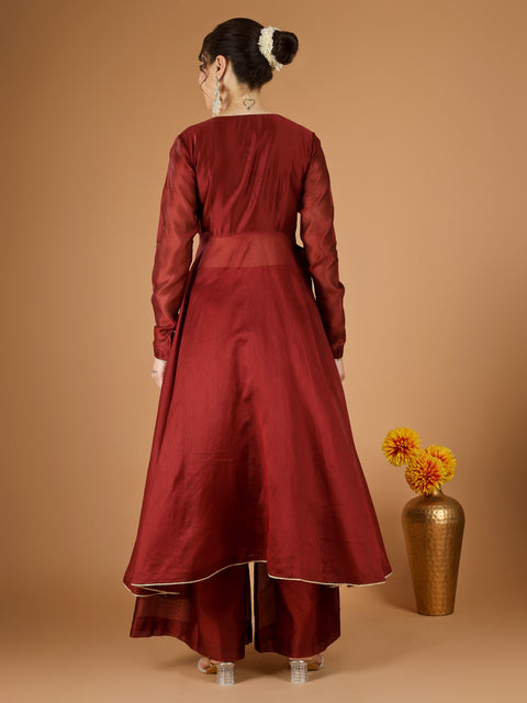 Maroon Chanderi Wrap Anarkali Set with Zari Striped Dupatta (set of 30