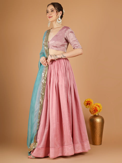 Light Pink Chanderi Lehenga Set with Zari Blouse & Katan Silk Dupatta