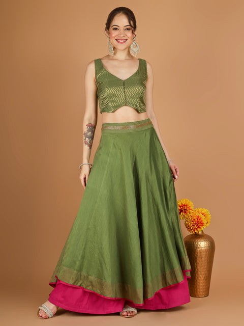 Olive Green Chanderi Layered Skirt Set with Hot Pink Katan Silk Dupatta