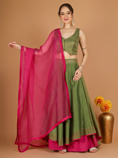 Olive Green Chanderi Layered Skirt Set with Hot Pink Katan Silk Dupatta