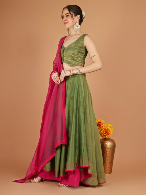 Olive Green Chanderi Layered Skirt Set with Hot Pink Katan Silk Dupatta