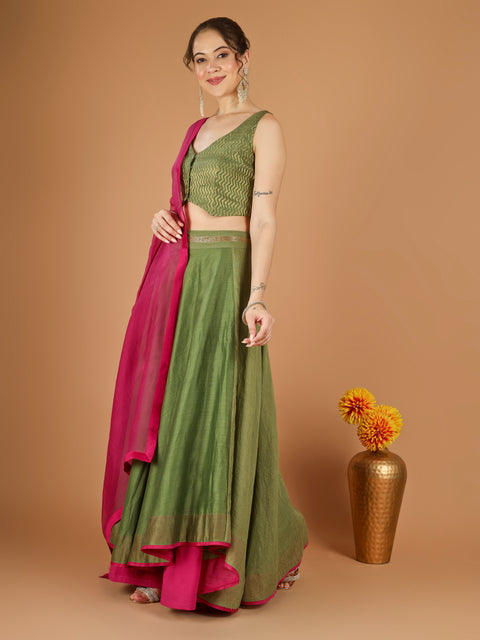 Olive Green Chanderi Layered Skirt Set with Hot Pink Katan Silk Dupatta