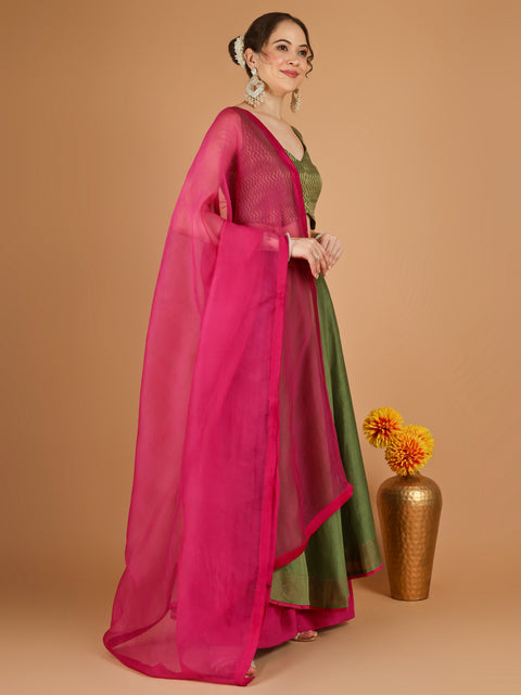 Olive Green Chanderi Layered Skirt Set with Hot Pink Katan Silk Dupatta