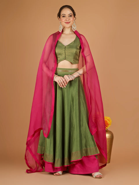 Olive Green Chanderi Layered Skirt Set with Hot Pink Katan Silk Dupatta