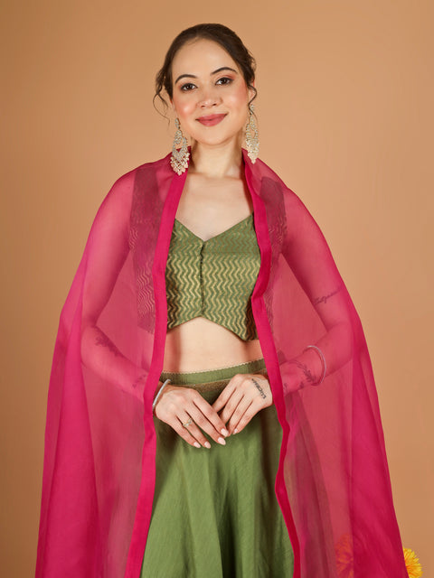 Olive Green Chanderi Layered Skirt Set with Hot Pink Katan Silk Dupatta